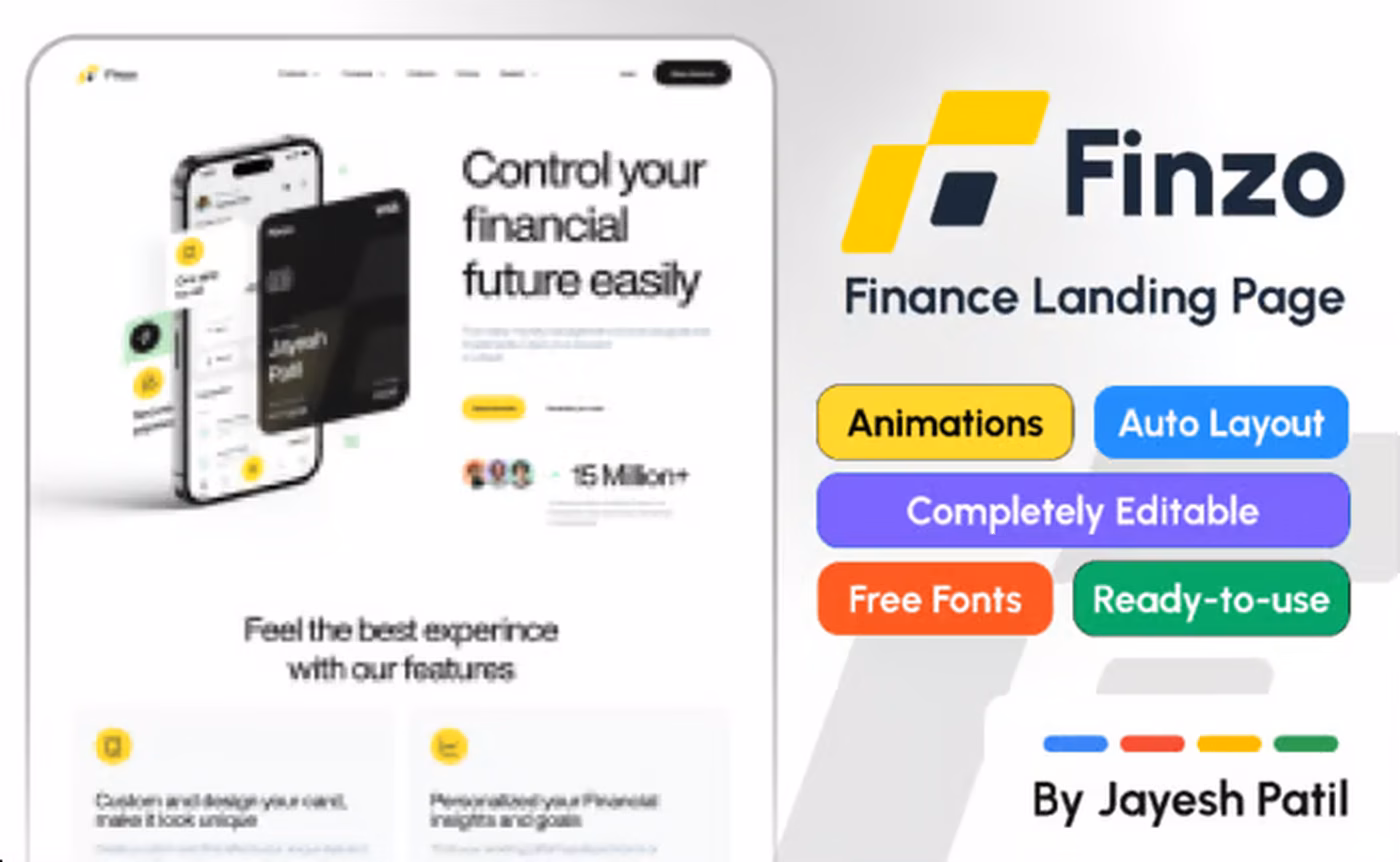 Finzo Finance Landing Page cover: the landing page and its phone screens beside the Finzo mark, tagged Animations, Auto Layout, Completely Editable, Free Fonts and Ready-to-use