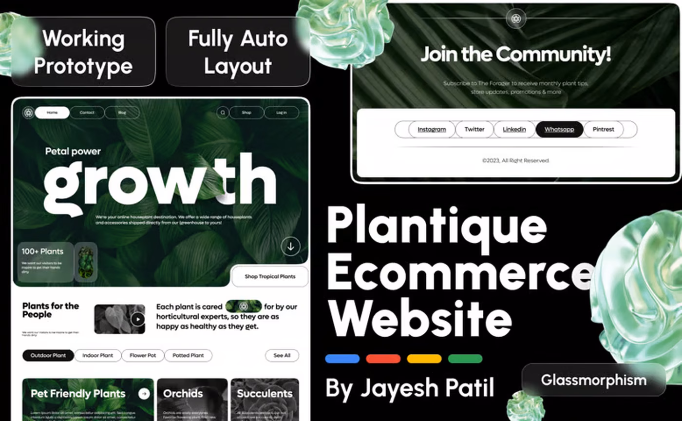 Plantique Ecommerce Website cover: the storefront's Petal power hero and community footer over foliage, tagged Working Prototype and Fully Auto Layout