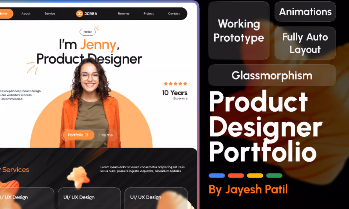 Product Designer Portfolio cover: the template's hero screen beside the words Product Designer Portfolio, tagged Working Prototype, Animations, Fully Auto Layout and Glassmorphism