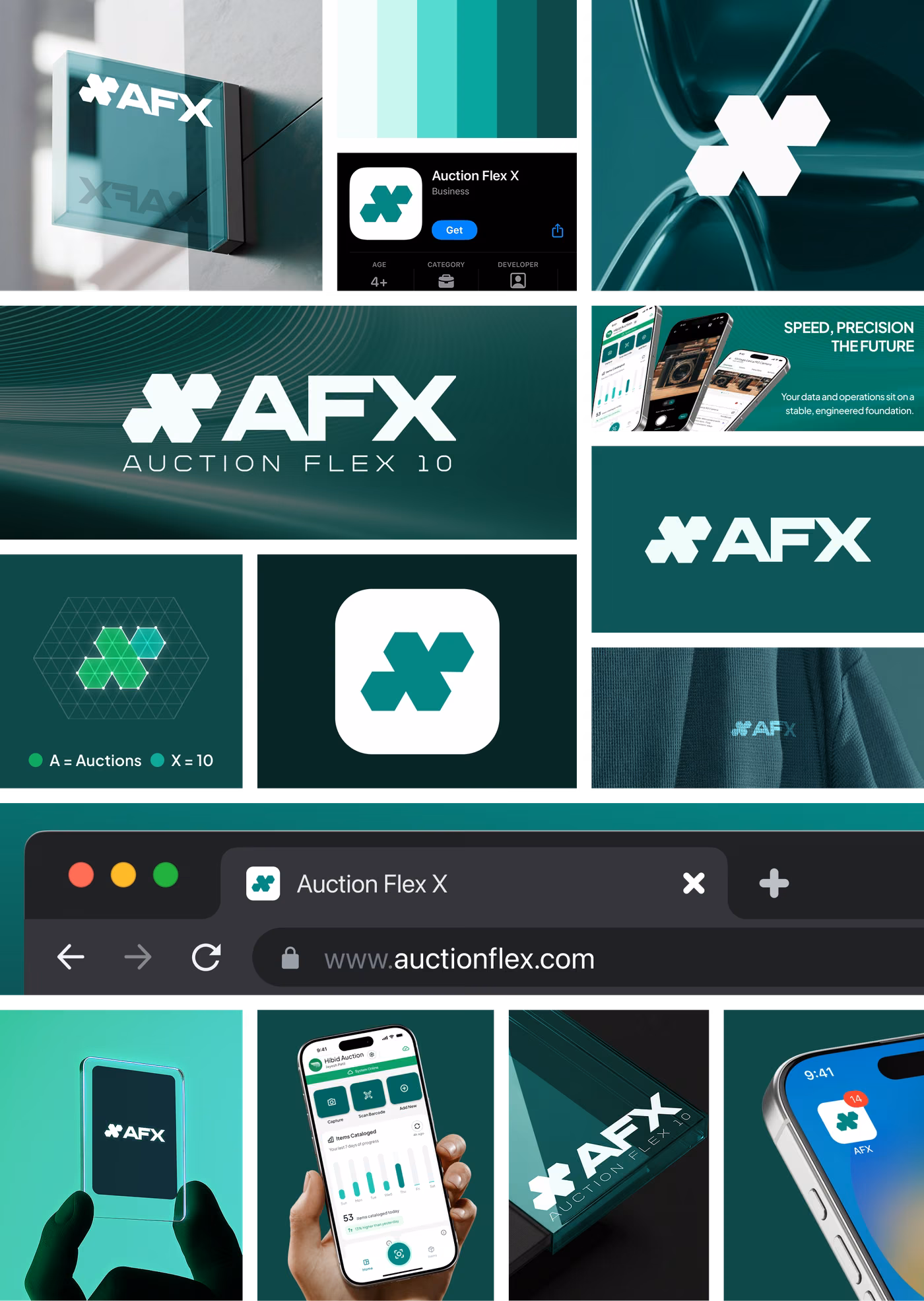 The AFX identity: mark construction on a hex grid, the teal ramp, app icon, store listing, signage and apparel