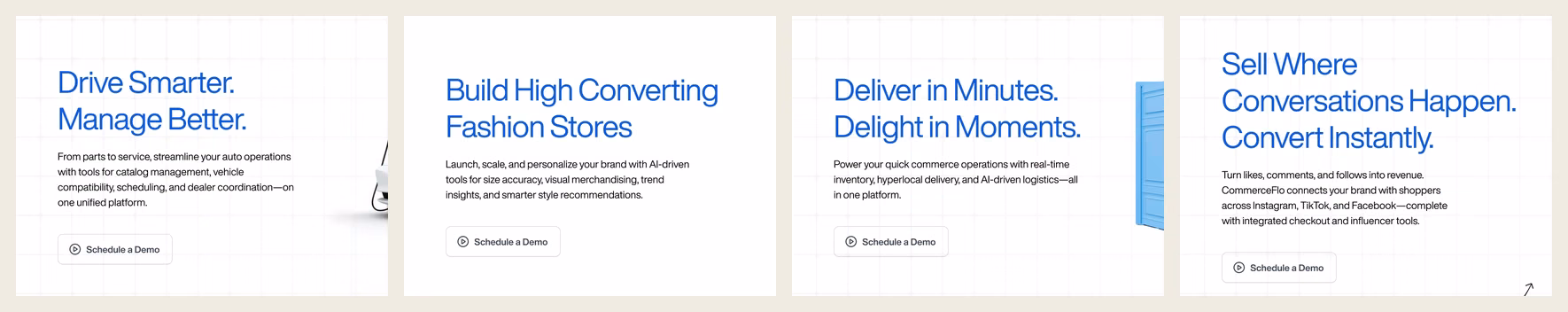 Four hero headlines side by side: Drive Smarter Manage Better, Build High Converting Fashion Stores, Deliver in Minutes Delight in Moments, Sell Where Conversations Happen