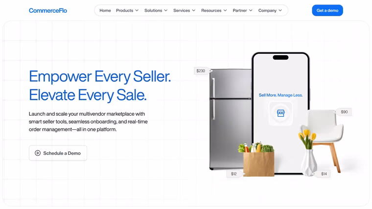 The CommerceFlo Multi-Vendor Marketplace page, full length