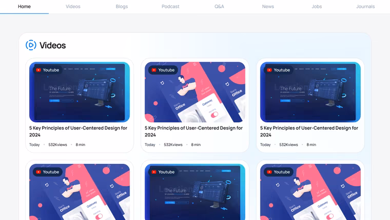 The full home page: seven typed rails from videos to journals, then the newsletter