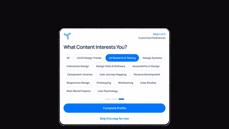 Step three of onboarding: fifteen interest topics and a skip link