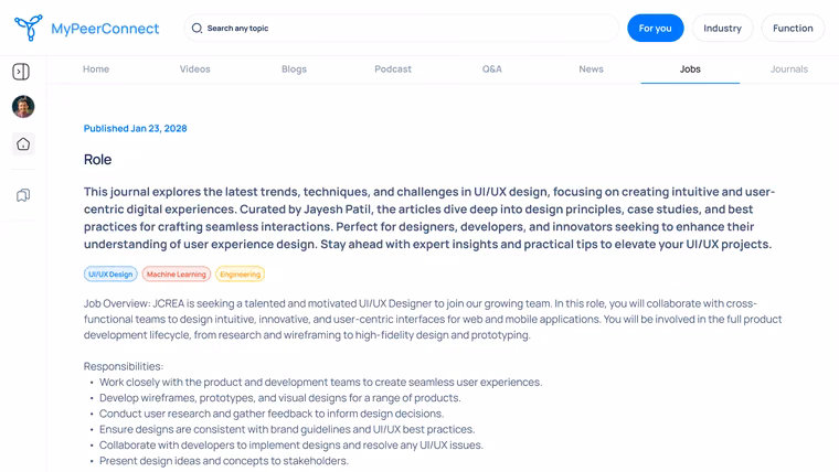 A job page with responsibilities and requirements