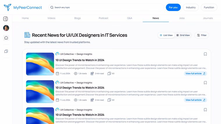 The news feed in list view with filter and view controls