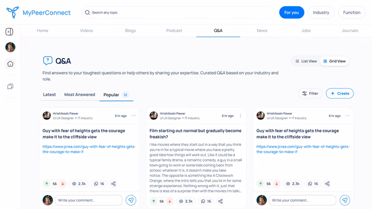 The questions and answers feed with a create button