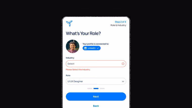 Step two of onboarding: industry and role, pre-filled from LinkedIn