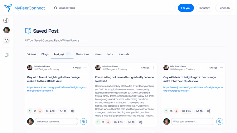 Saved content, grouped by type