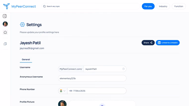 Profile settings including an anonymous username and notification controls