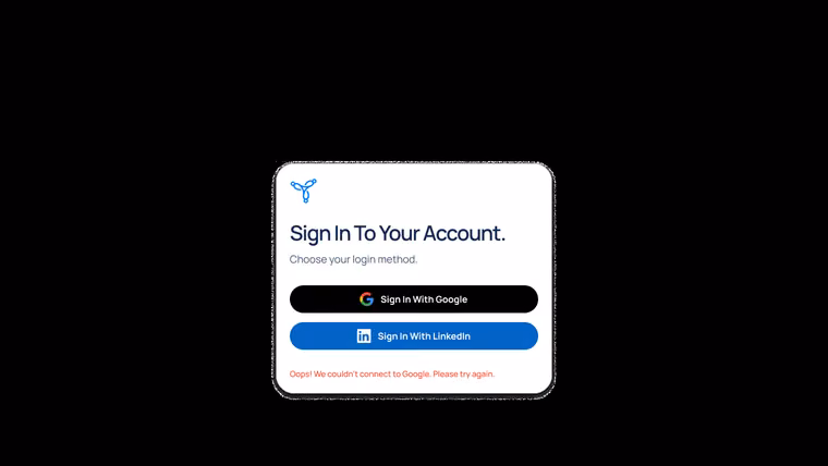 The sign in screen with Google and LinkedIn, and an error state