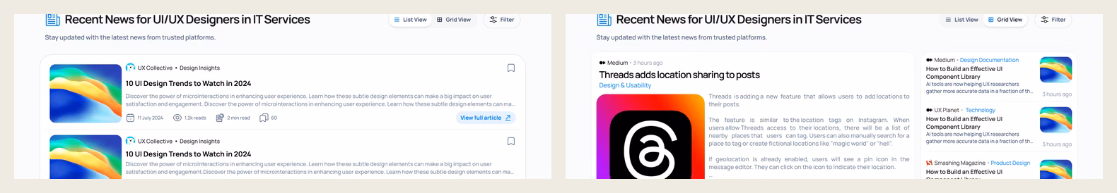 The same feed shown as a list and as a grid, side by side